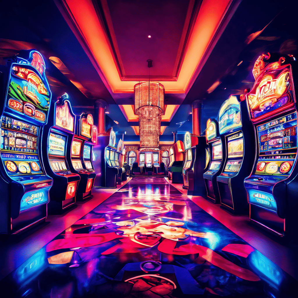 카지노와 오락실의 유사한 마케팅 전략을 대비하여 보여주는 분할된 이미지로, 화려한 카지노와 밝은 오락실이 흐릿하게 구분된 경계선으로 나뉘어 있습니다.