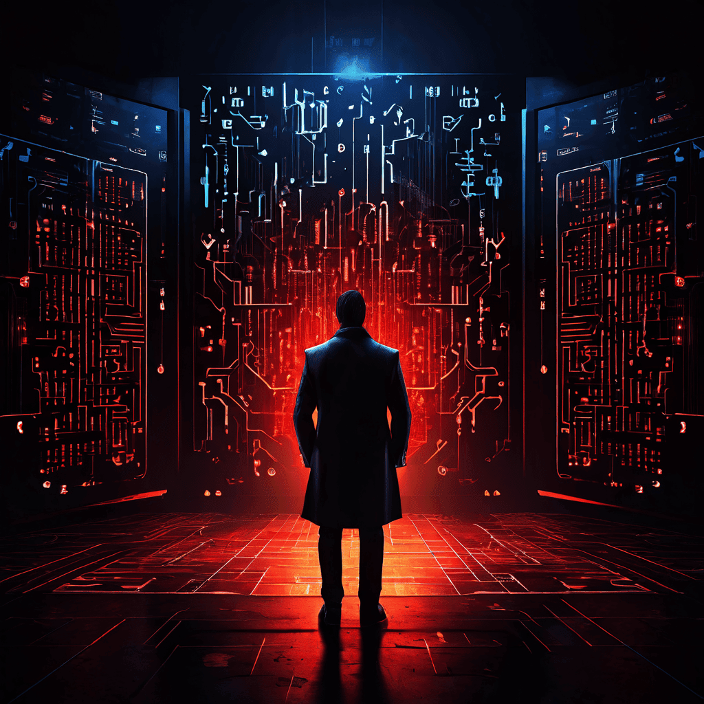 사이버 위협으로부터 디지털 자산을 보호하기 위해 방화벽과 암호화 기술로 빛나는 보안 장벽을 구축하는 개인 투자자의 모습을 상징적으로 표현한 이미지입니다.