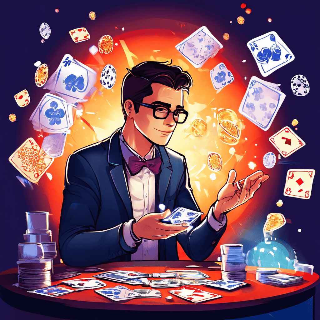 무표정으로 카드를 다루는 딜러를 마주한 고객의 생각 속에는 한정판과 필수 구매 같은 편향된 생각이 풍선 말풍선으로 가득 차 있습니다.