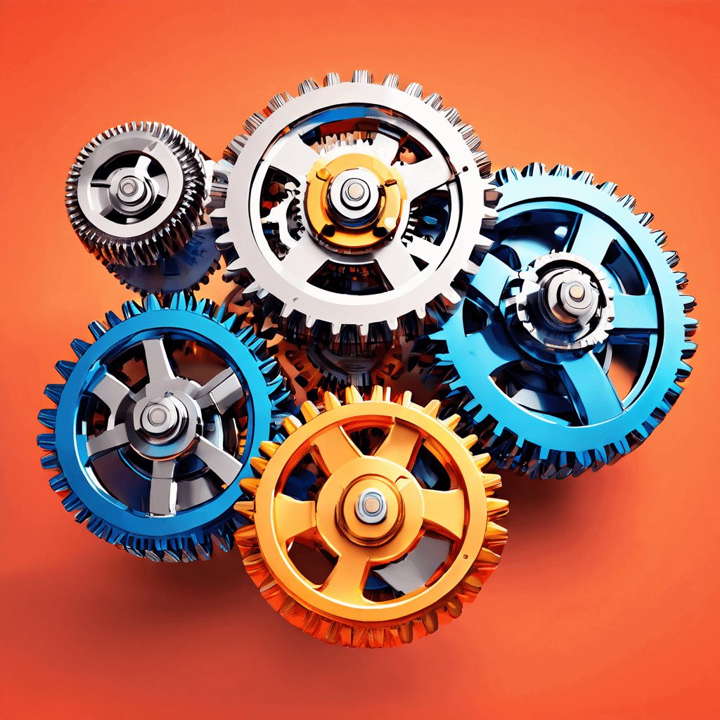 세 가지 색상이 다른 맞물린 톱니바퀴 시스템의 작동 원리를 비교하여 기계적 동력 전달 방식을 시각적으로 설명하는 다이어그램 이미지입니다.