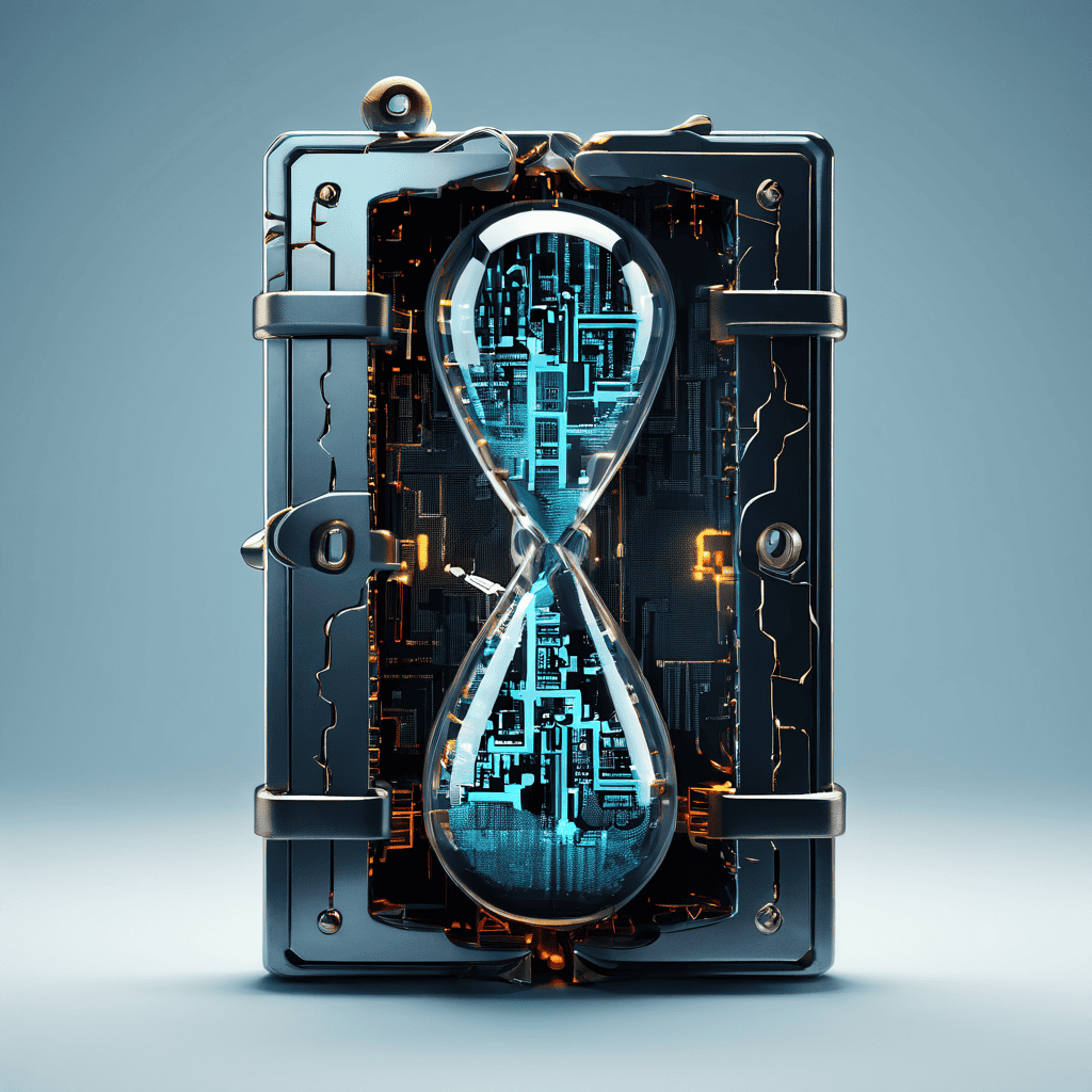 세션 유효 시간을 악용한 취약점을 상징적으로 표현한 이미지로, 깨진 모래시계가 내장된 디지털 자물쇠에서 글리치 효과의 이진 코드가 새어 나오고 있습니다.