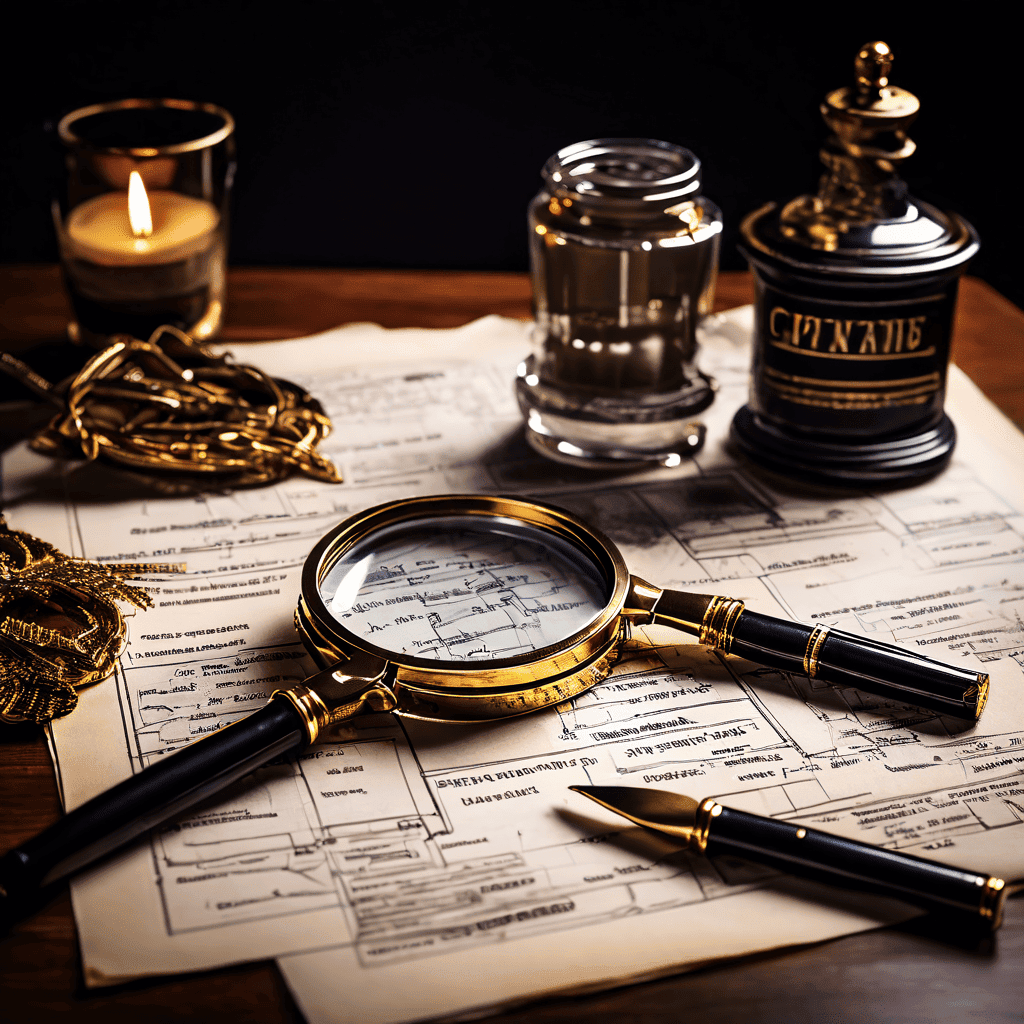 형사가 확대경으로 범죄자의 행동 패턴과 동기를 분석하는 플로우차트를 집중적으로 살펴보는 이미지입니다.