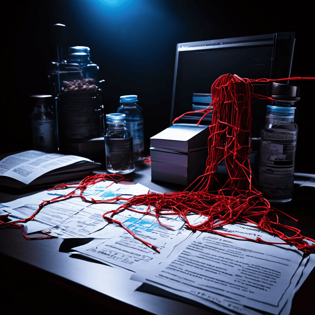 불법 유통 경로의 복잡한 연결망 옆에 끊어진 법적 문서 체인이 놓여 있는 디지털 포렌식 분석 현장을 묘사한 이미지입니다.