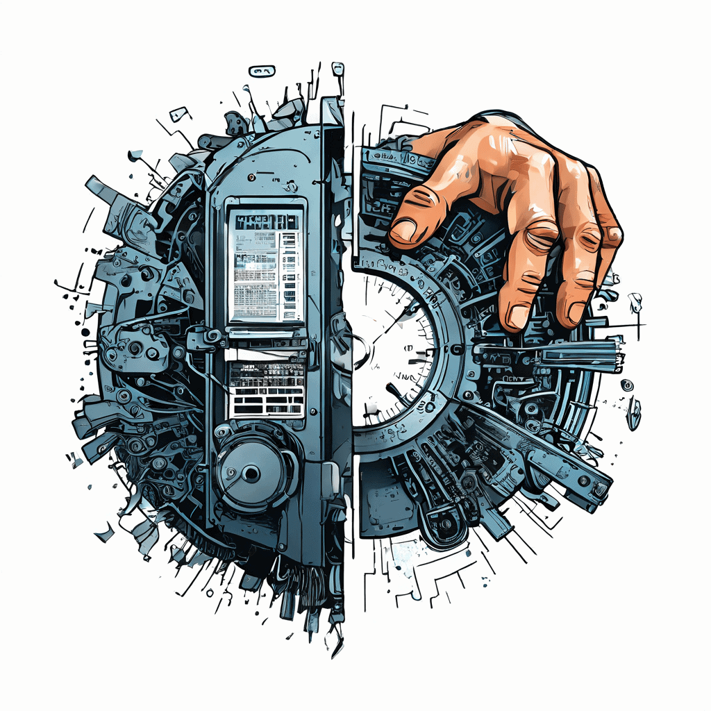 기술적 오류와 정책적 결정의 대조를 상징하는 이미지로, 한쪽은 에러 코드가 표시된 고장난 기계를, 다른 한쪽은 정책 다이얼을 의도적으로 '끔' 위치로 돌리는 손을 동시에 보여줍니다.